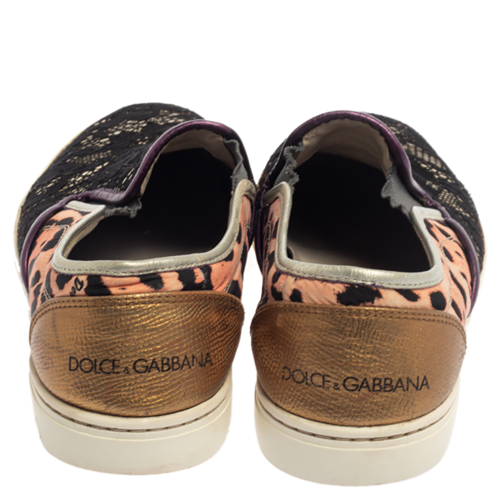Dolce & Gabbana Multicolor Lace And Leather Slip On Sneakers Size 37