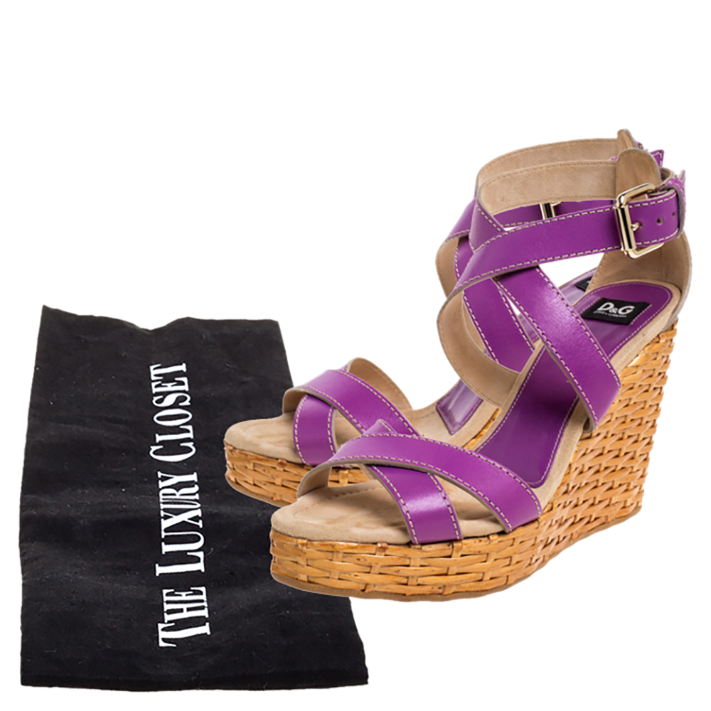 Dolce & Gabbana Purple Leather Ankle Strap Raffia Wedge Sandals Size 37