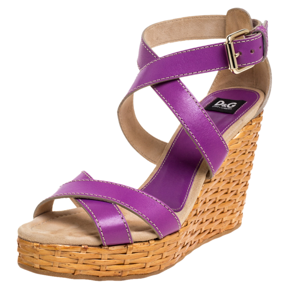 Dolce & gabbana purple leather ankle strap raffia wedge sandals size 37