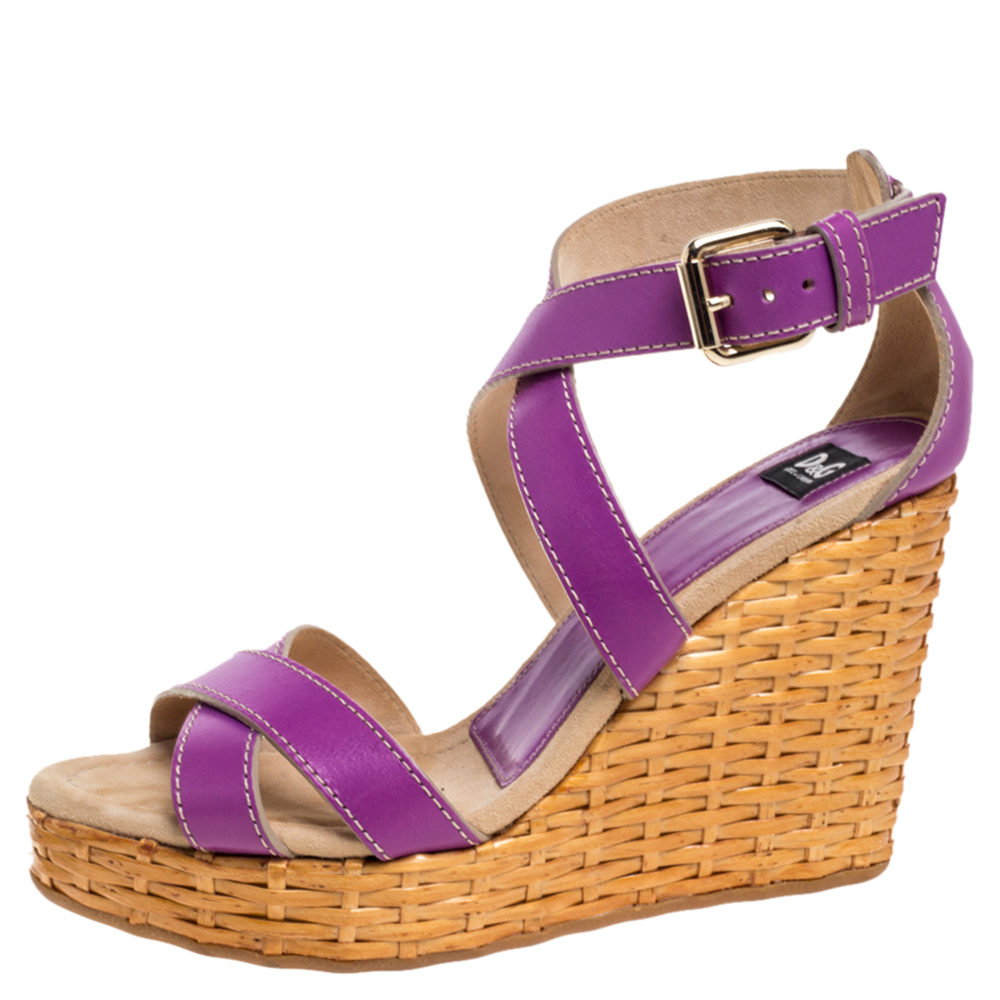 Dolce & Gabbana Purple Leather Ankle Strap Raffia Wedge Sandals Size 37