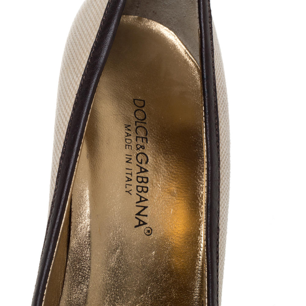 Dolce & Gabbana Vintage Beige/Brown Canvas And Leather Logo Embellished Cap Toe Pumps Size 38