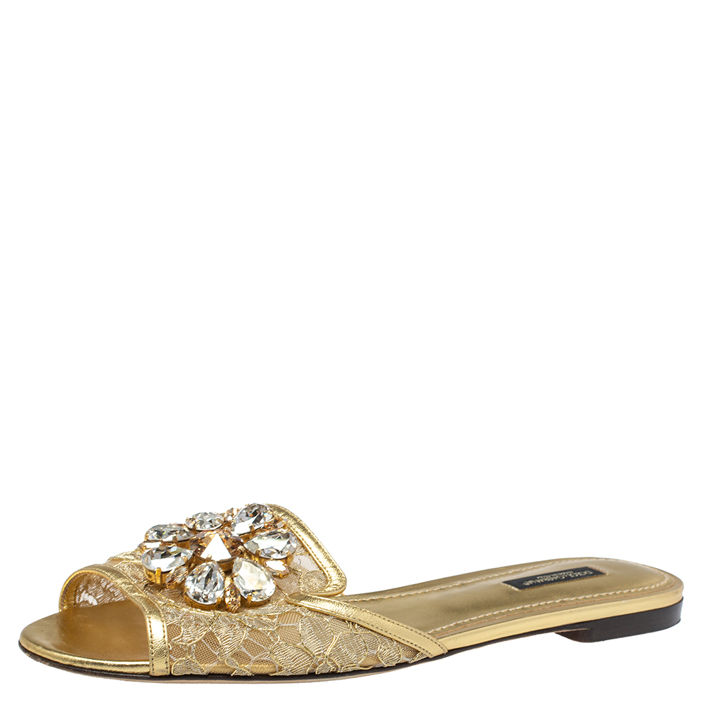 Dolce and Gabbana Gold Lace And Leather Crystal Embellished Bianca Flat Slides Size 38.5