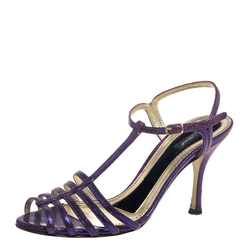 Dolce & Gabbana Purple Lizard Embossed Leather T Strap Sandals Size 36