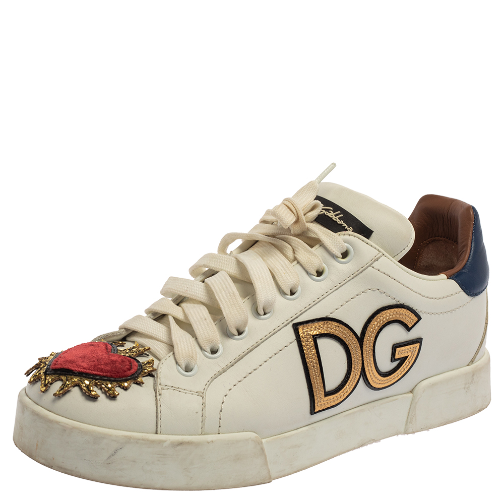 Dolce & Gabbana White Leather Portofino Sacred Heart Sneakers Size 37