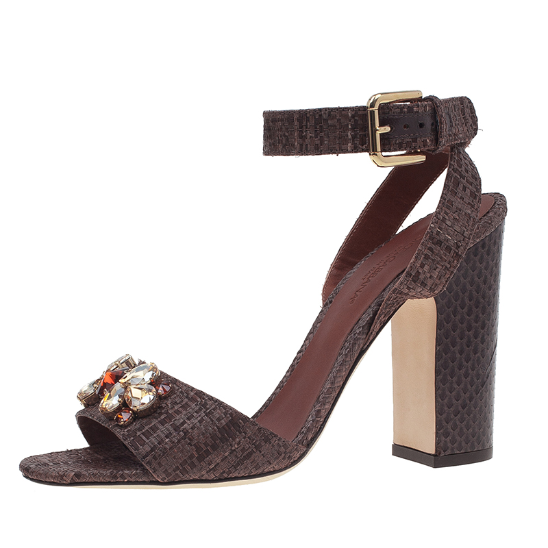 Image of Dolce & Gabbana Beige Jeweled Raffia & Snakeskin Sandals Size
