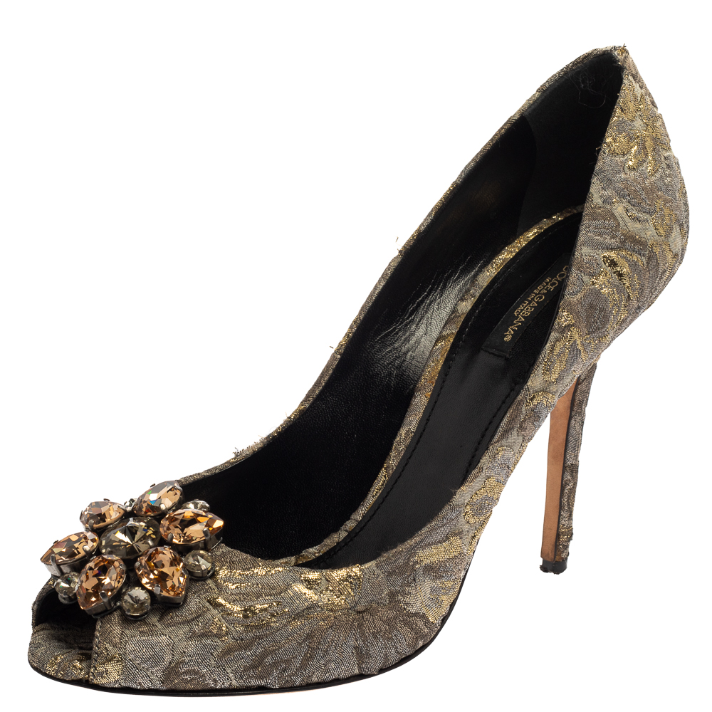 

Dolce & Gabbana Grey Floral Print Brocade Fabric Bellucci Crystal Embellished Peep Toe Pumps Size