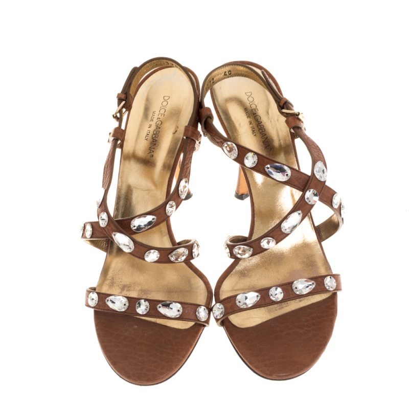 Dolce And Gabbana Brown Leather Embellished Sandals Size 40