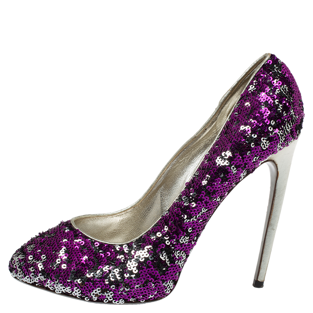 Dolce & Gabbana Purple/Silver Sequins And Leather Pumps Size 40