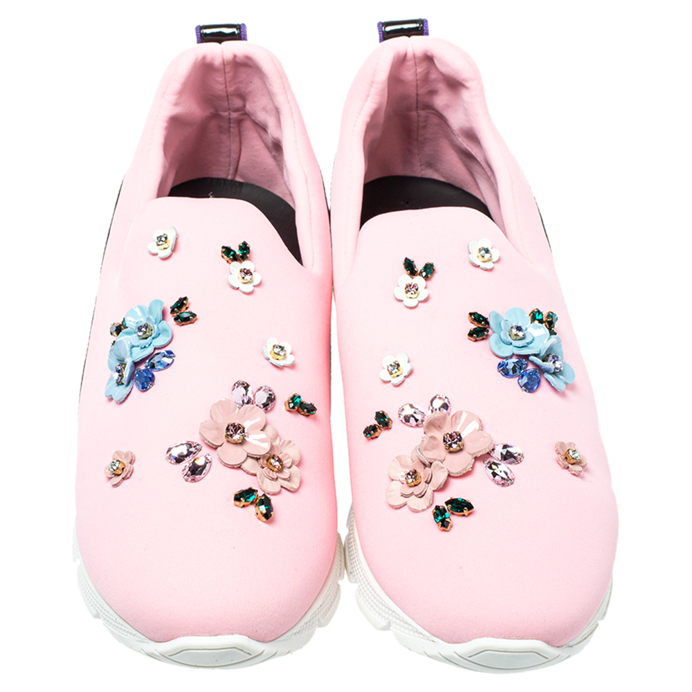 Dolce & Gabbana Pink Neoprene Embellished Slip On Sneakers Size 38