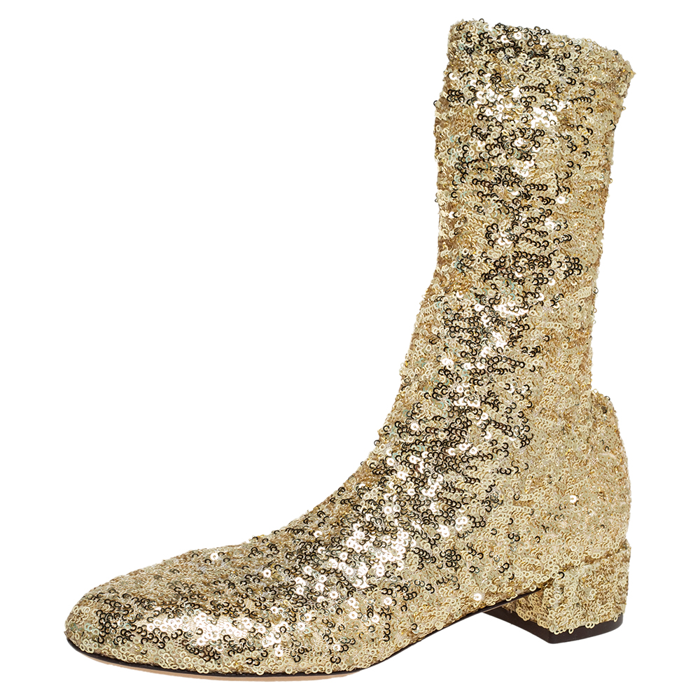 Dolce and Gabbana Gold Sequin Ankle Boots Size 36
