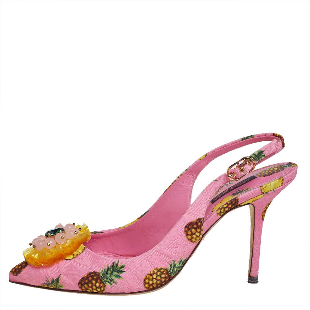 

Dolce & Gabbana Pink Pineapple Print Fabric Embellished Slingback Sandals Size