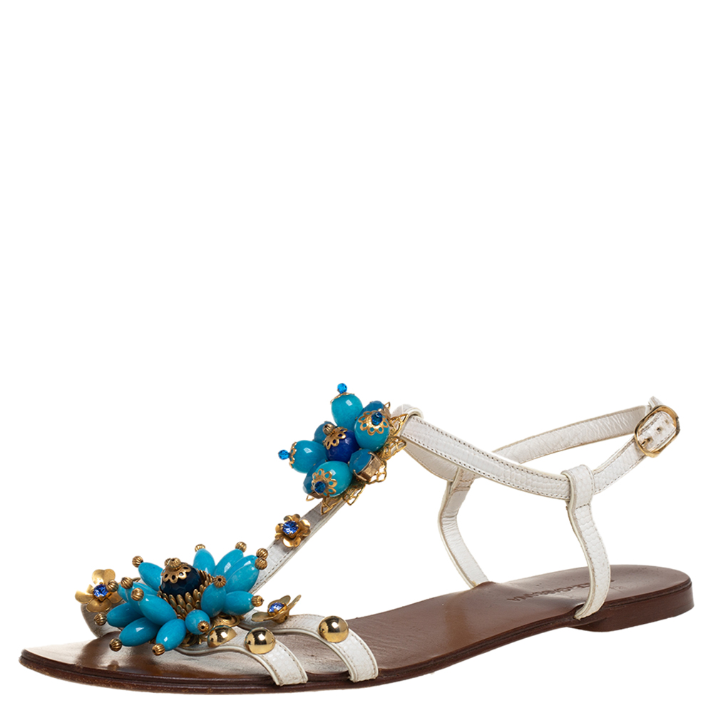 Dolce & Gabbana White Leather Flower Embellished Sandals Size 41