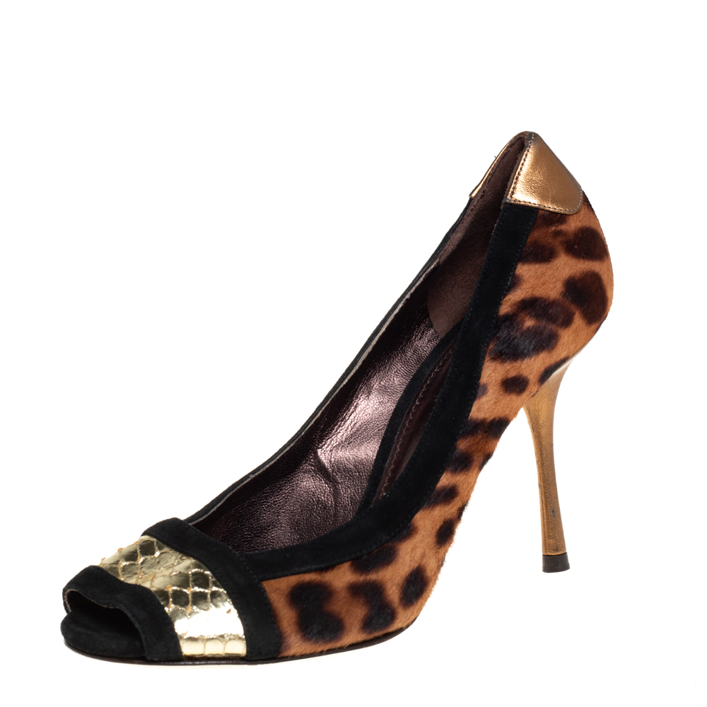 Dolce & gabbana multicolor pony hair and suede open toe pumps size 38