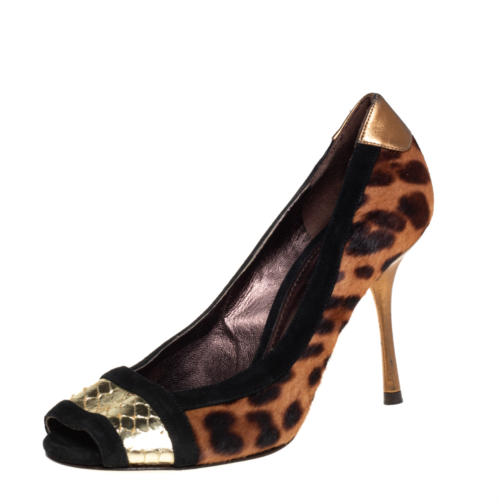 Dolce & Gabbana Multicolor Pony Hair And Suede Open Toe Pumps Size 38