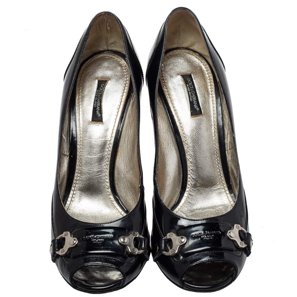 Dolce & Gabbana Black Patent Leather Buckle Peep Toe Pumps Size 40