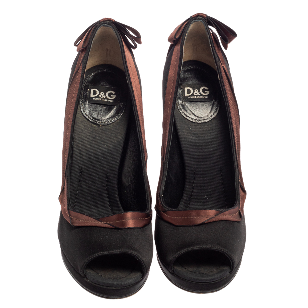 Dolce & Gabbana Black/Brown Satin Peep Toe Pumps Size 39.5