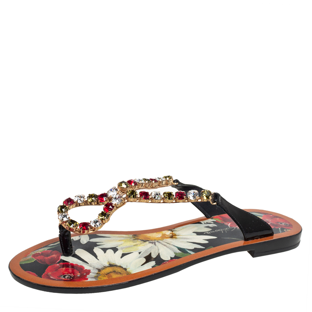 Dolce & Gabbana Multicolor Patent Leather Crystal Embellished Thong Slides Size 37