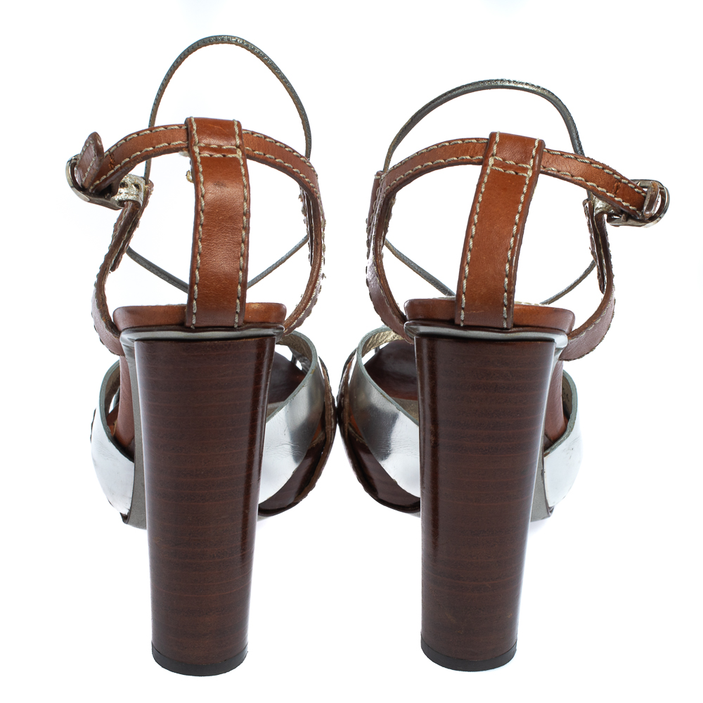 Dolce & Gabbana Silver/Brown Leather Platform Ankle Strap Sandals Size 36