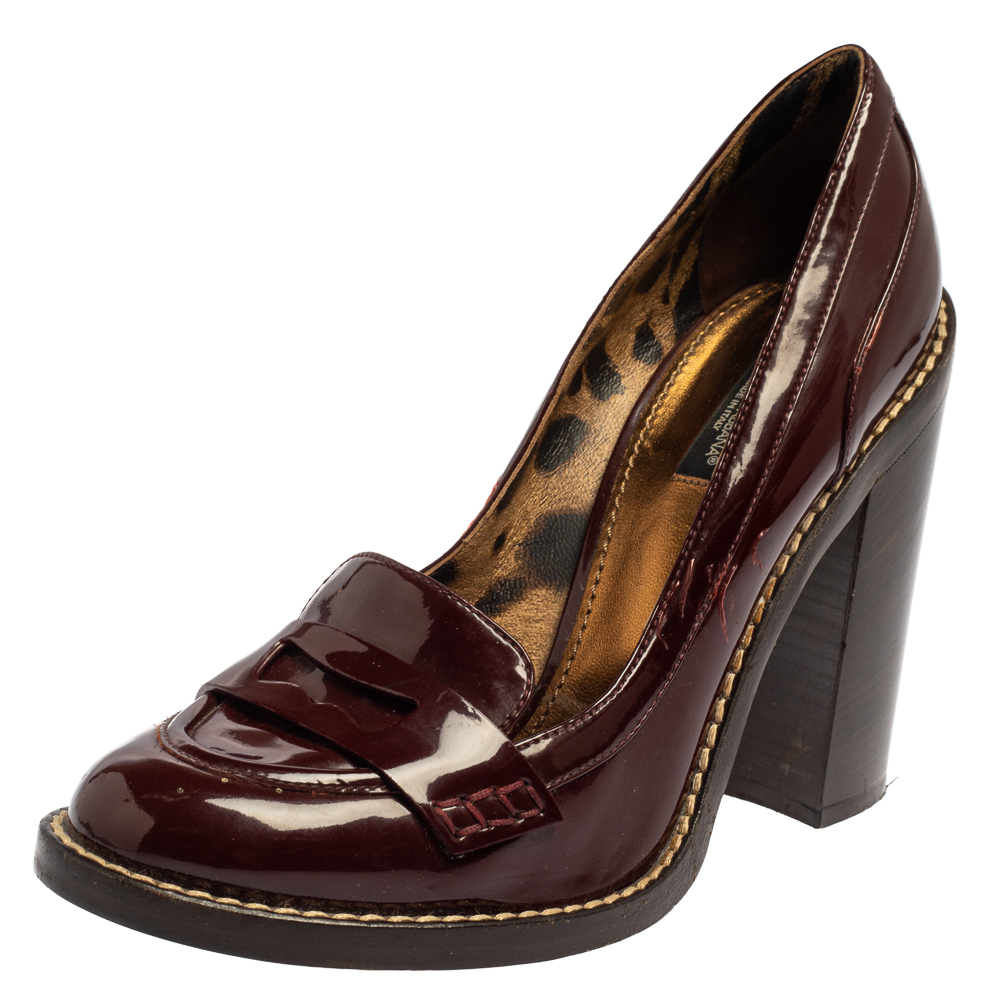 Dolce & Gabbana Burgundy Patent Leather Loafer Pumps Size 40