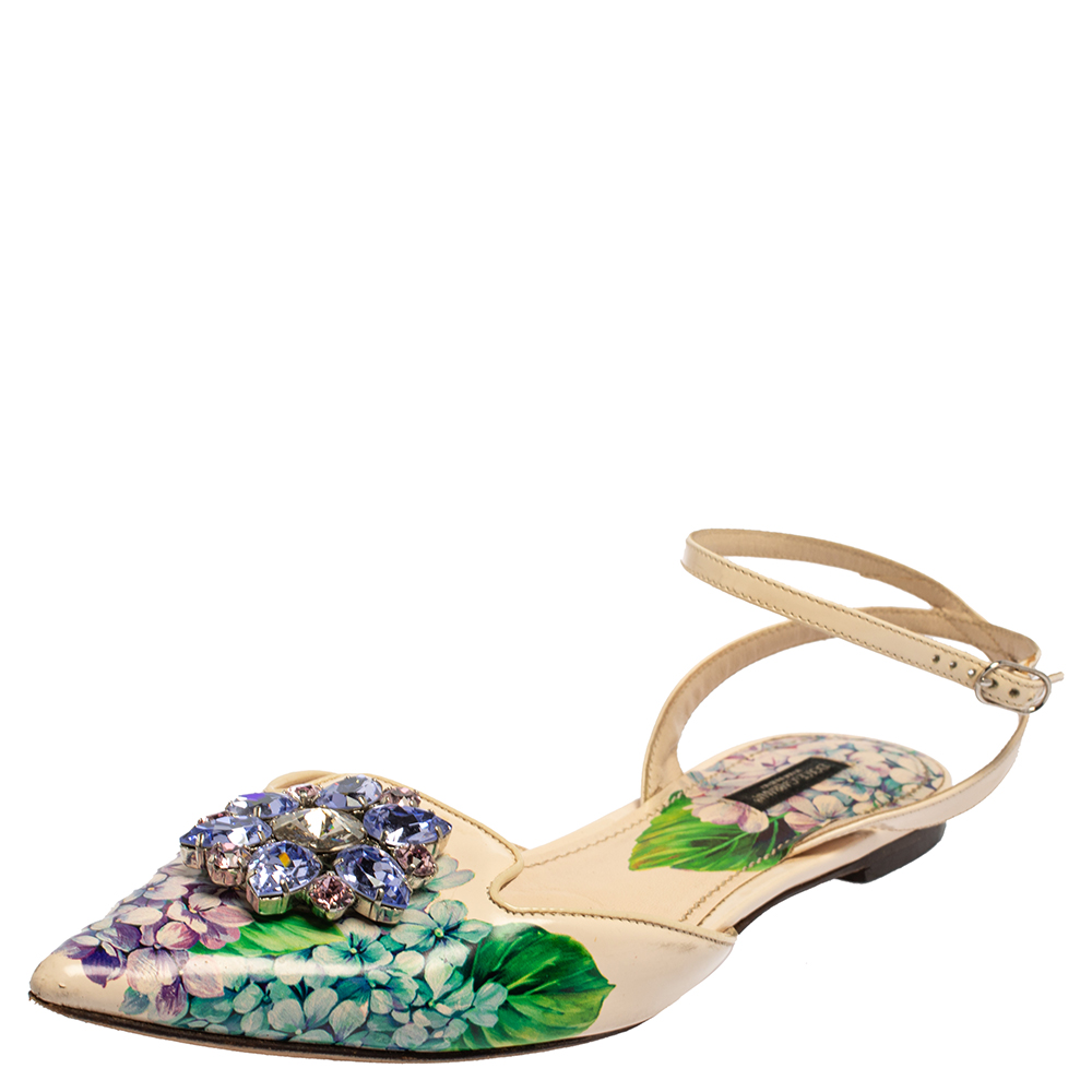 Dolce & Gabbana Multicolor Floral Print Patent Leather Crystal-Embellished Ankle-Strap Flats Size 40