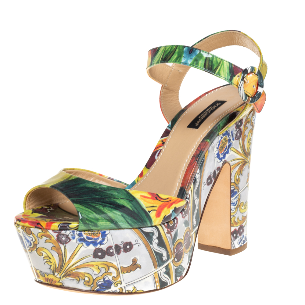 Dolce & Gabbana Multicolor Printed Patent Leather Platform Ankle Strap Sandals Size 38