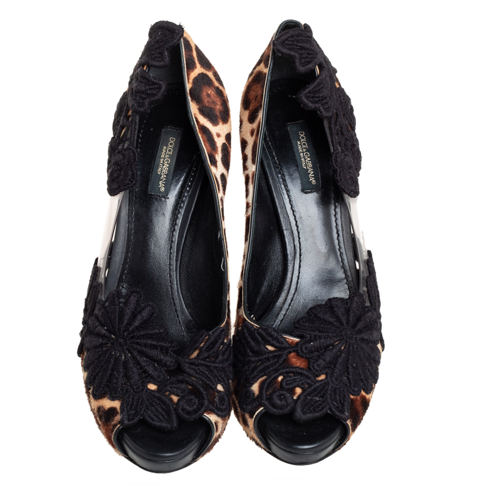 Dolce & Gabbana Black/Brown Calf Hair And PVC Leopard Print  Floral Embroidered Peep Toe Pumps Size 37.5