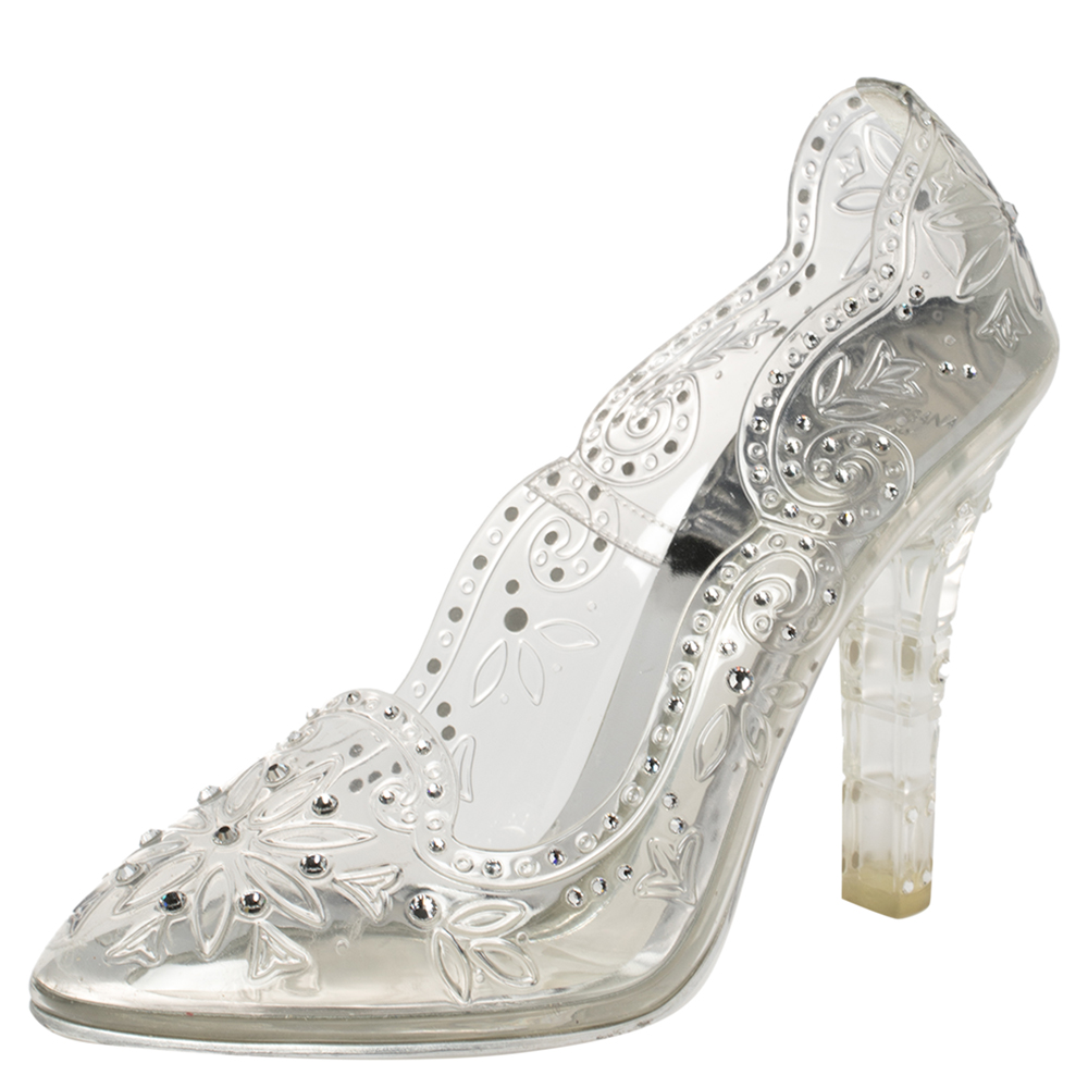 Dolce & Gabbana Silver PVC Crystal Embellished Cinderella Pumps Size 39.5