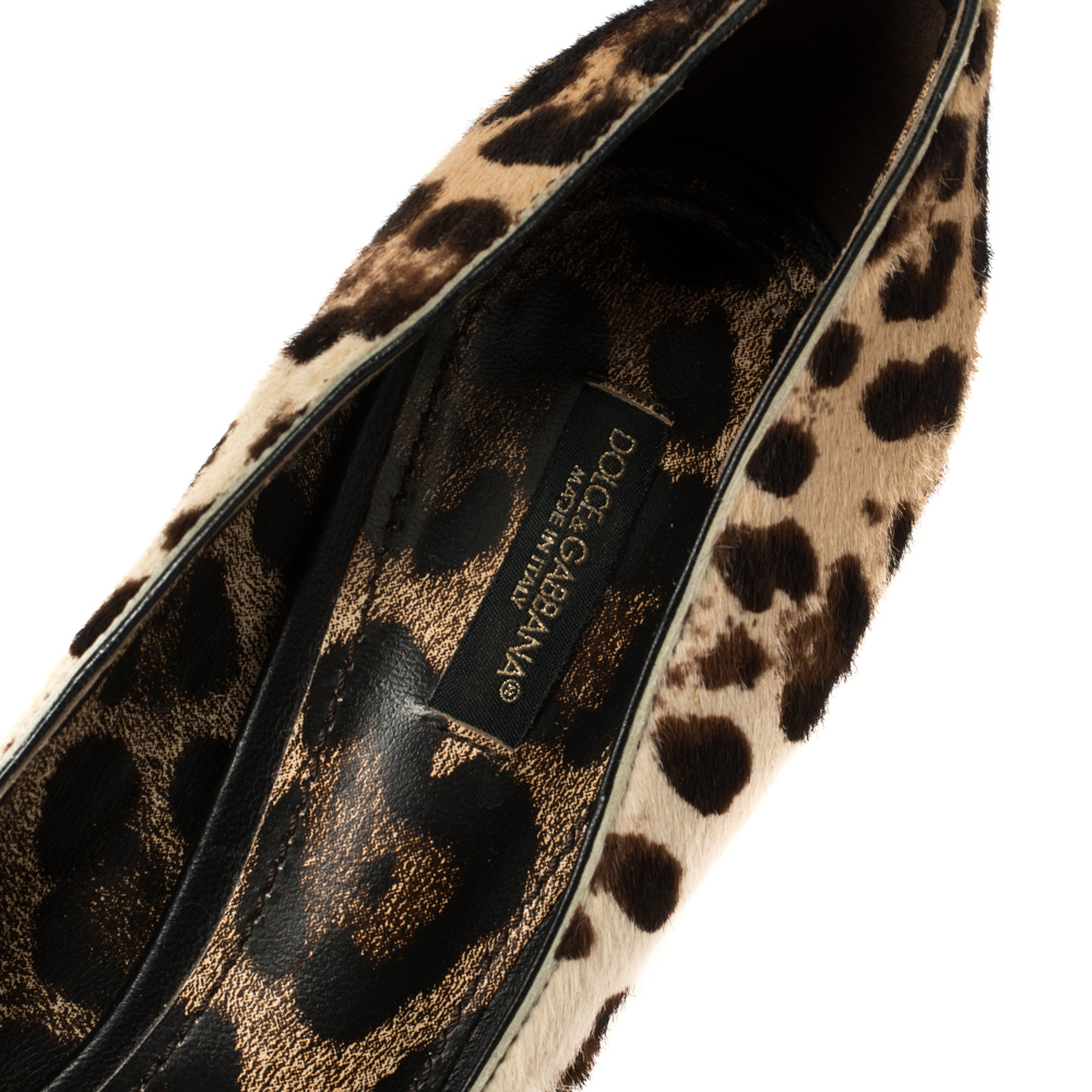 Dolce And Gabbana Leopard Print Pony Hair Peep Toe Platform Pumps Size 39.5