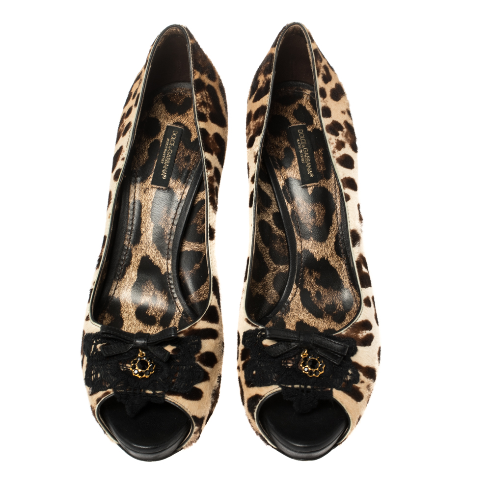 Dolce And Gabbana Leopard Print Pony Hair Peep Toe Platform Pumps Size 39.5