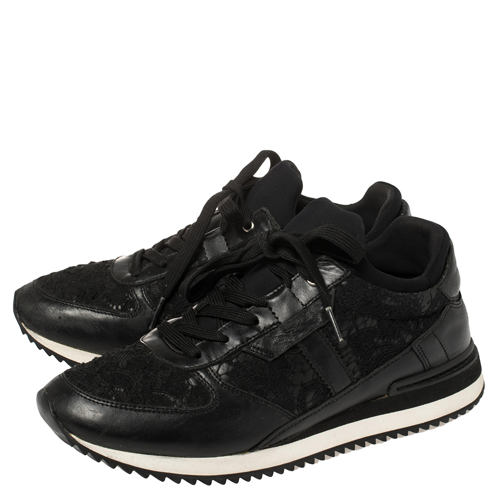 Dolce & Gabbana Black Lace And Leather Low Top Sneakers Size 38.5
