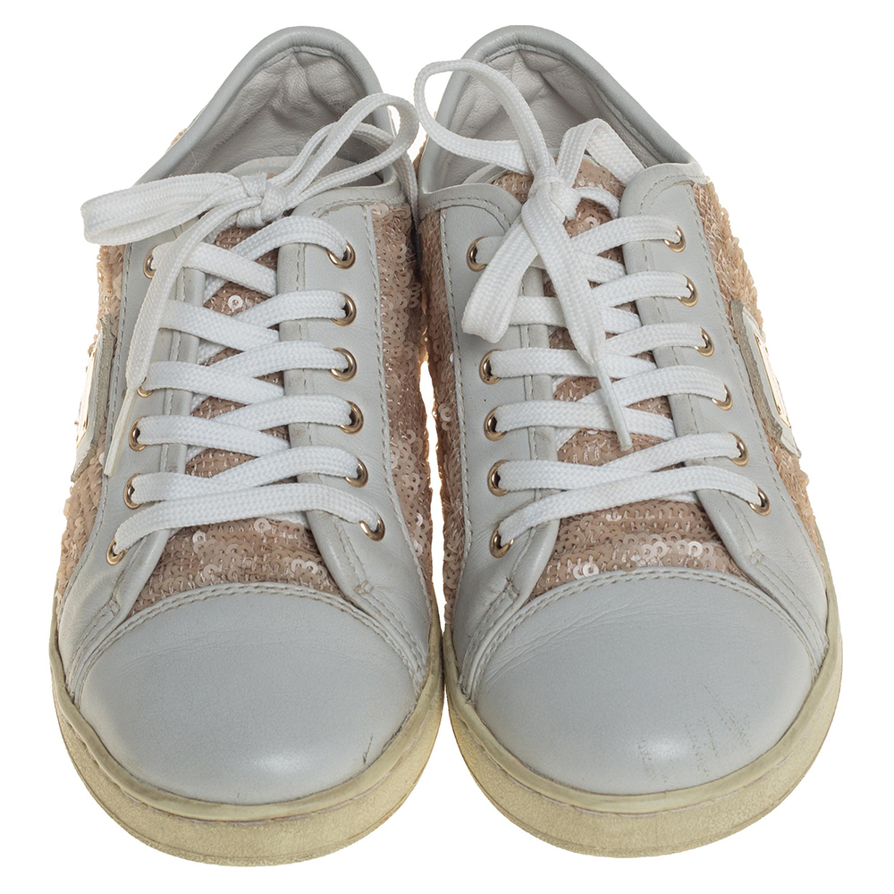 Dolce &Gabbana White/Brown Leather Sequin Embellished Sneakers Size 34