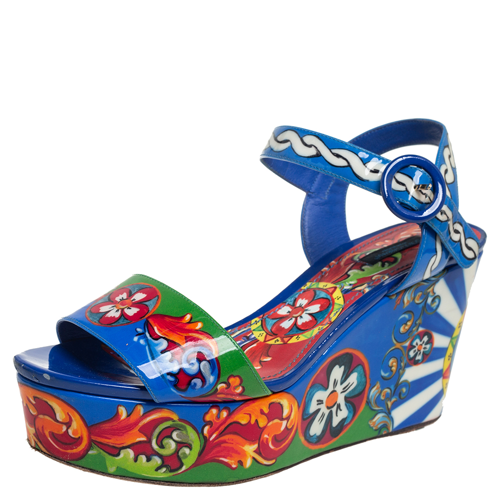Dolce & Gabbana Multicolor Print Patent Leather Ankle Strap Platform Wedge Sandals Size 40