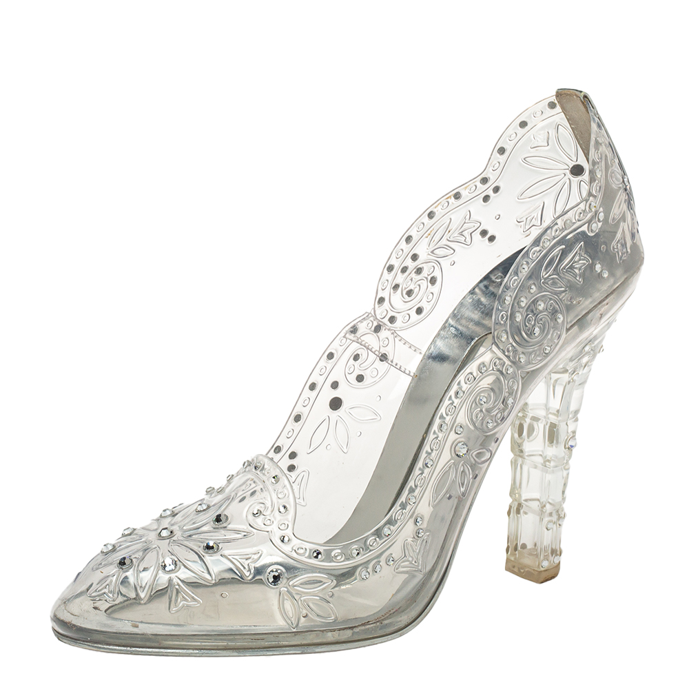 Dolce & Gabbana Silver PVC Cinderella Crystal Embellished Pumps Size 38