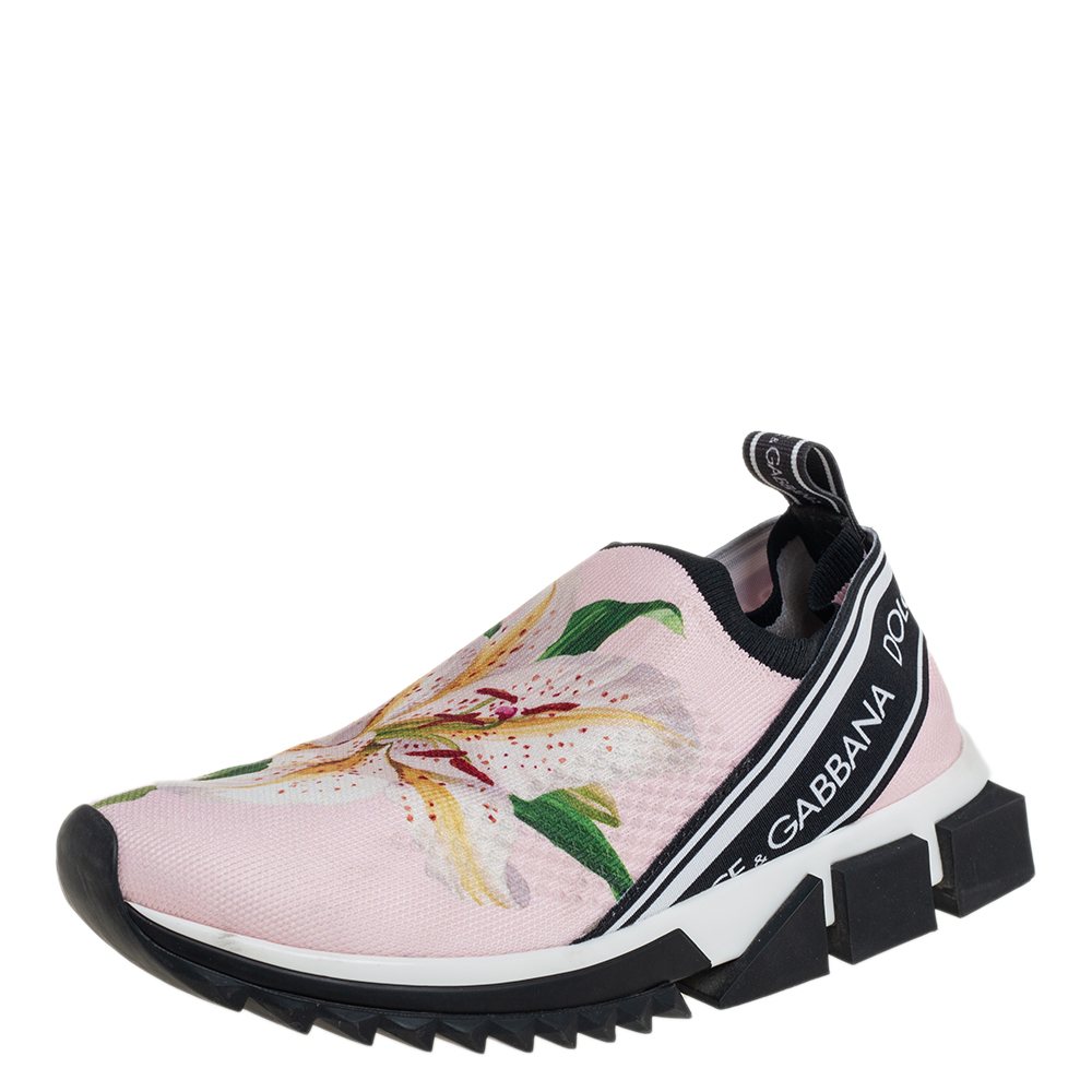 Dolce & Gabbana Pink Floral Knit Fabric Sorrento Slip-On Sneakers Size 38