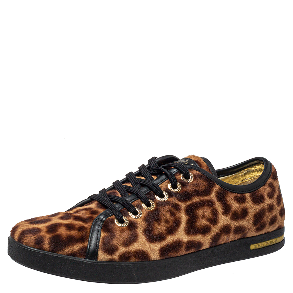 Dolce & Gabbana Brown/Beige Leopard Print Calf Hair Low Top Sneakers Size 39