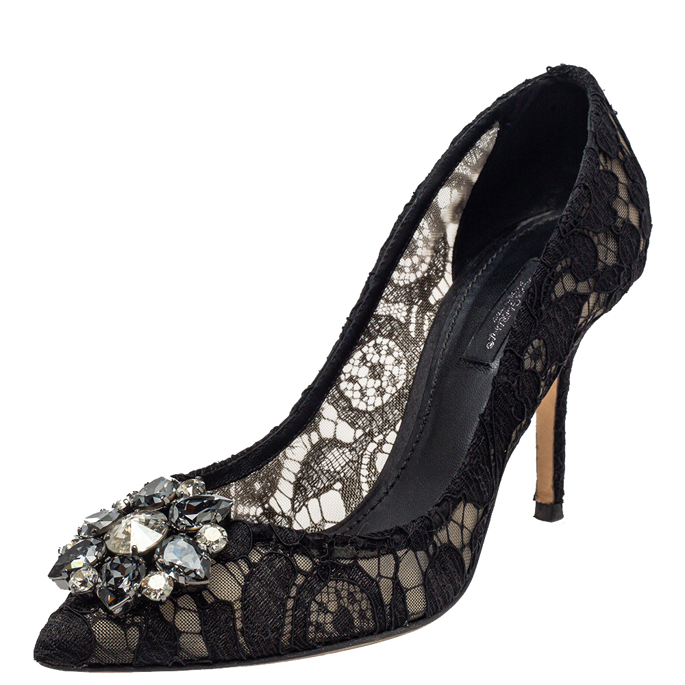 Dolce & Gabbana Black Mesh And Lace Crystal Embellished Bellucci Pumps Size 37.5