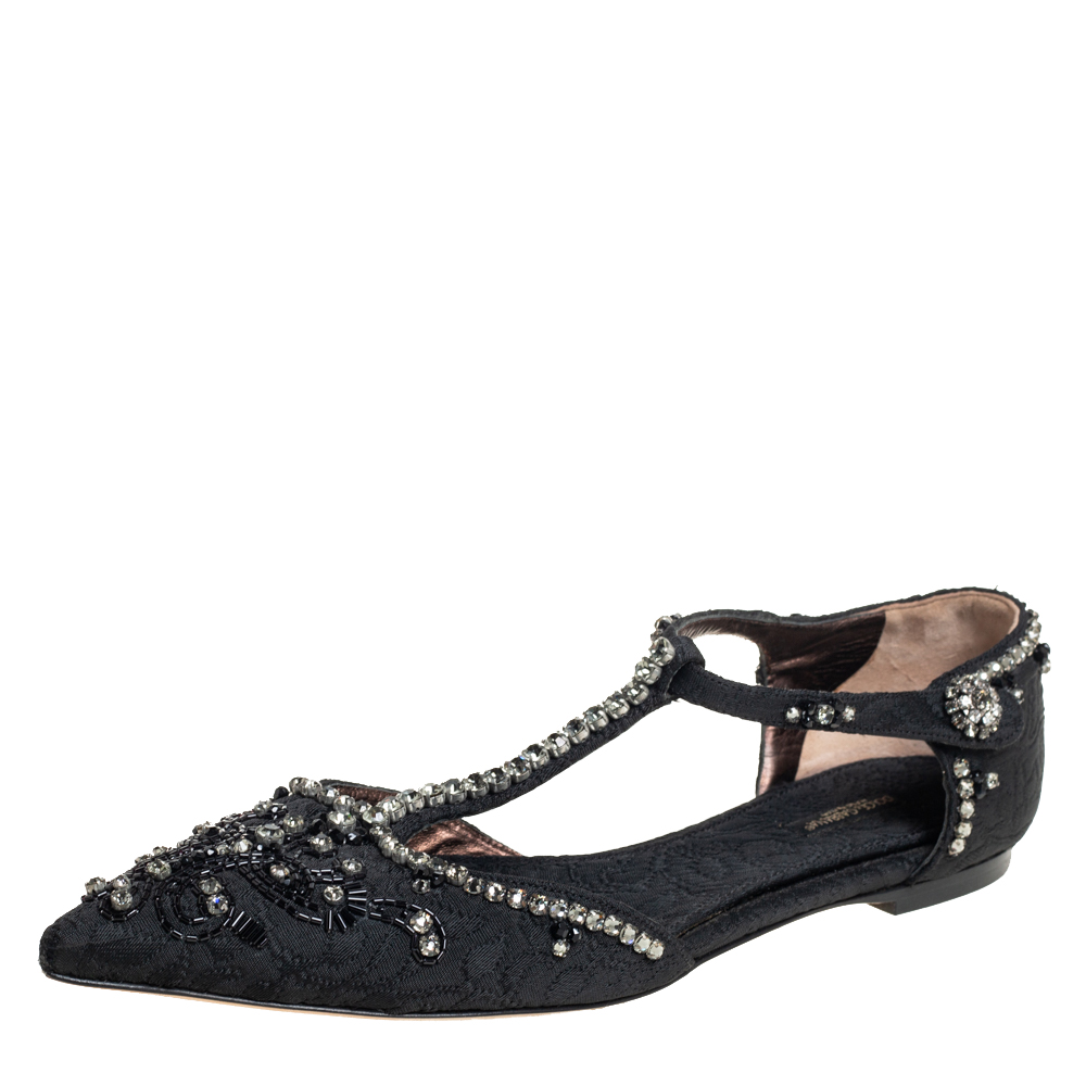 Dolce & Gabbana Black Fabric Embellished T-Strap Sandals Size 41