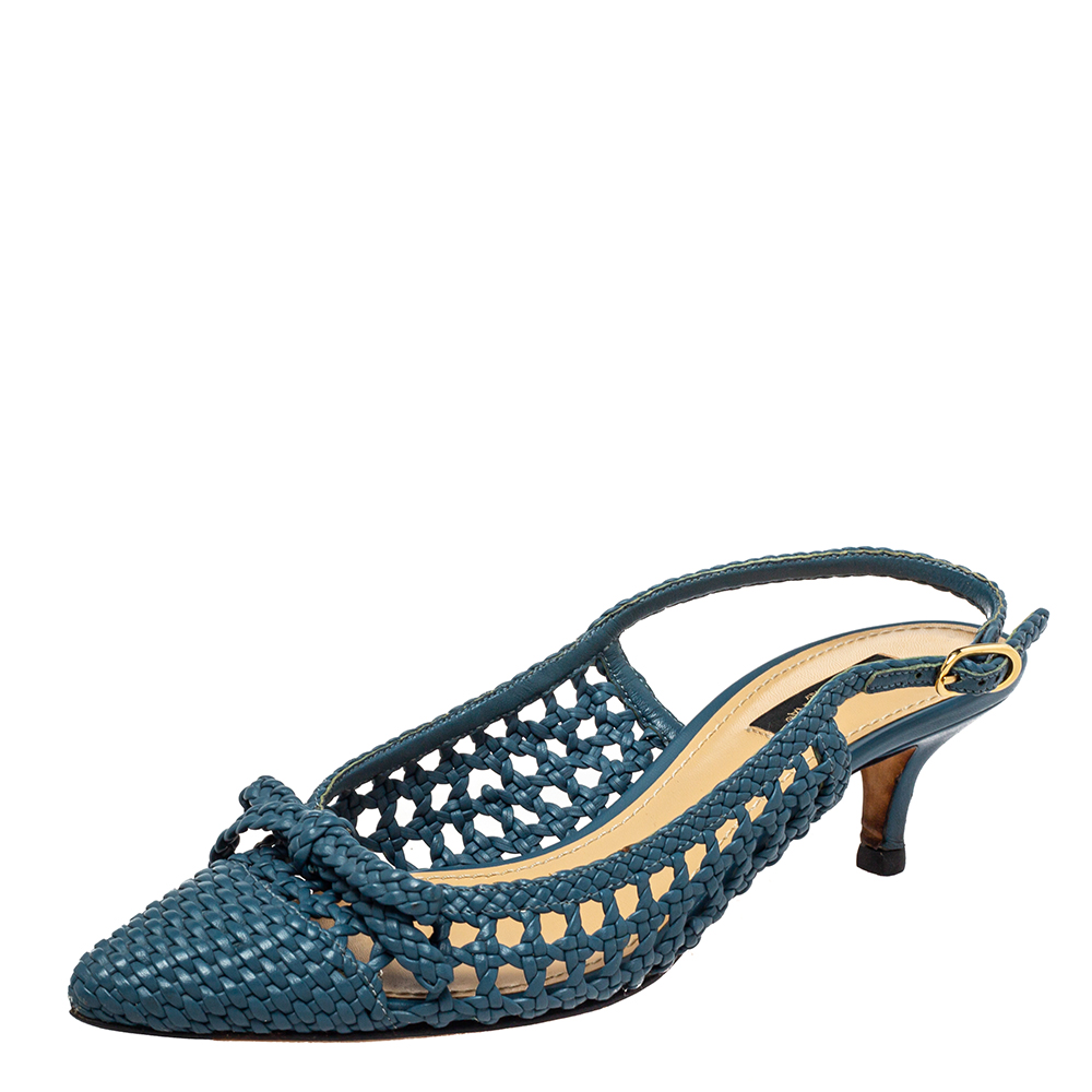 Dolce & Gabbana Blue Leather Bow Slingback Sandals Size 36