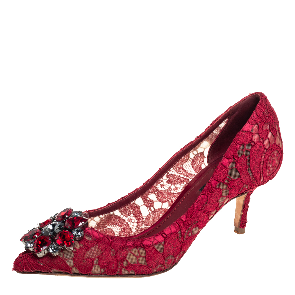 Dolce & Gabbana Red Lace Crystal Embellished Pointed Toe Pumps Size 37