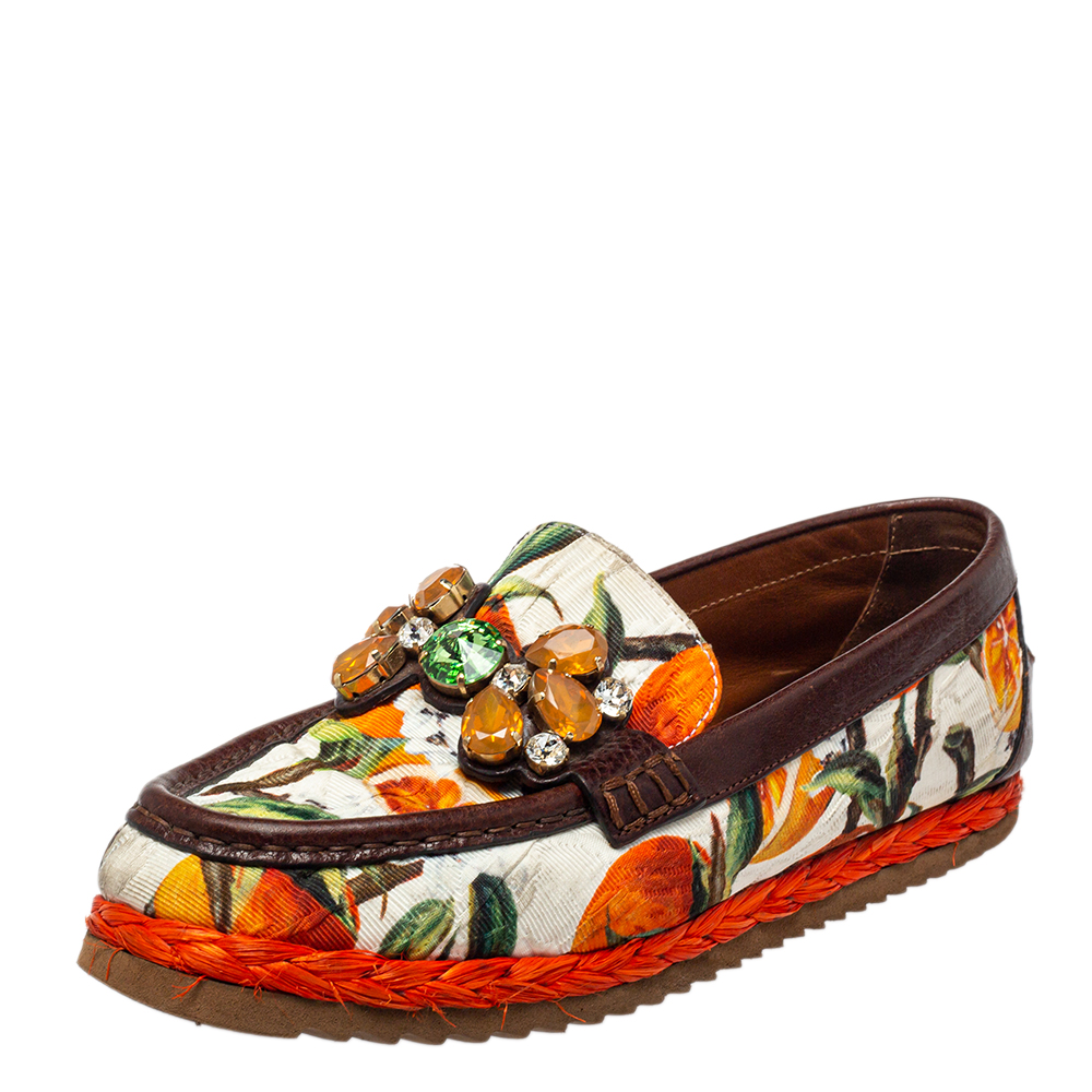 Dolce & Gabbana Multicolor Brocade Fabric Crystal Embellished Loafers Size 38