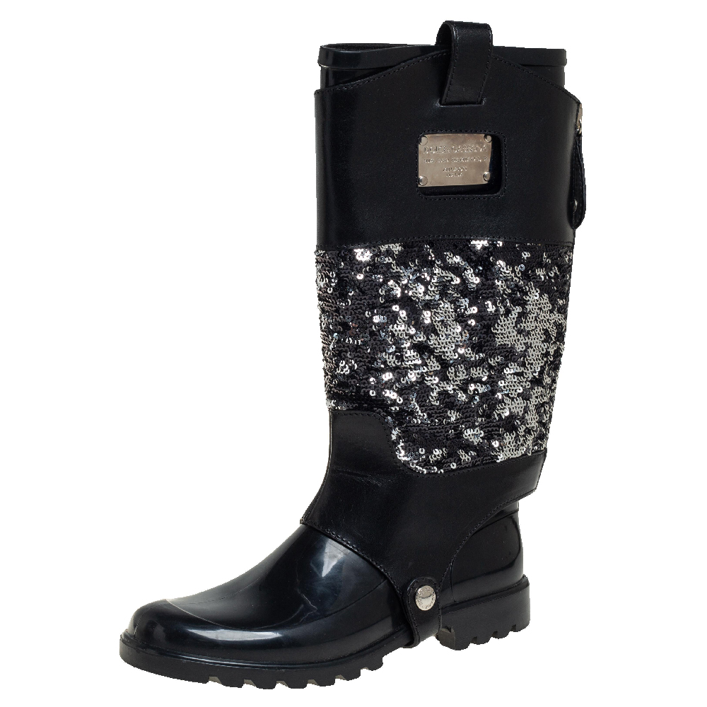 Dolce & Gabbana Black Rubber with Sequin Embellished Leather Wellington Rain Boots Size 37