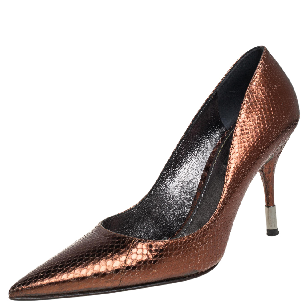 Dolce & Gabbana Metallic Bronze Snakeskin Pointed Toe Pumps Size 38.5