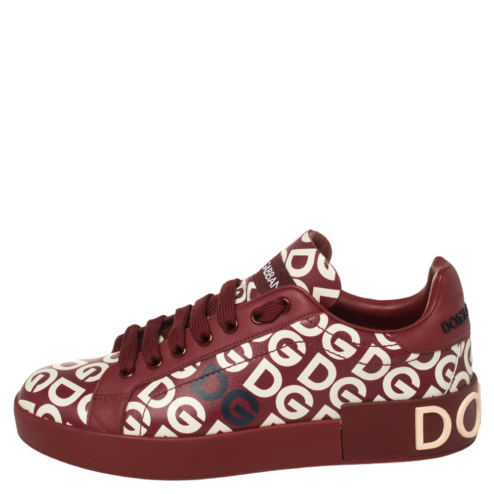

Dolce & Gabbana Red And White DG Mania Print Leather Low-Top Sneakers Size