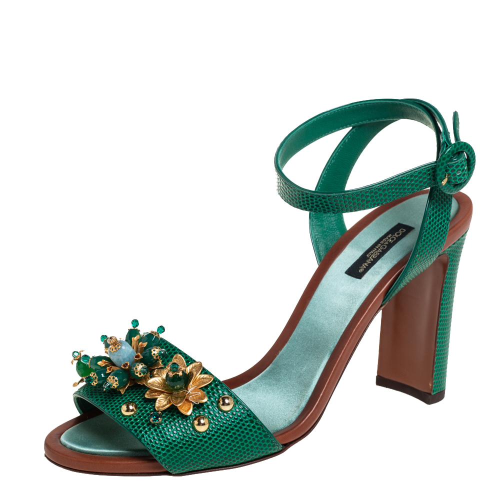 Dolce & Gabbana Green Lizard Embossed Leather Embellished Ankle Strap Sandals Size 39