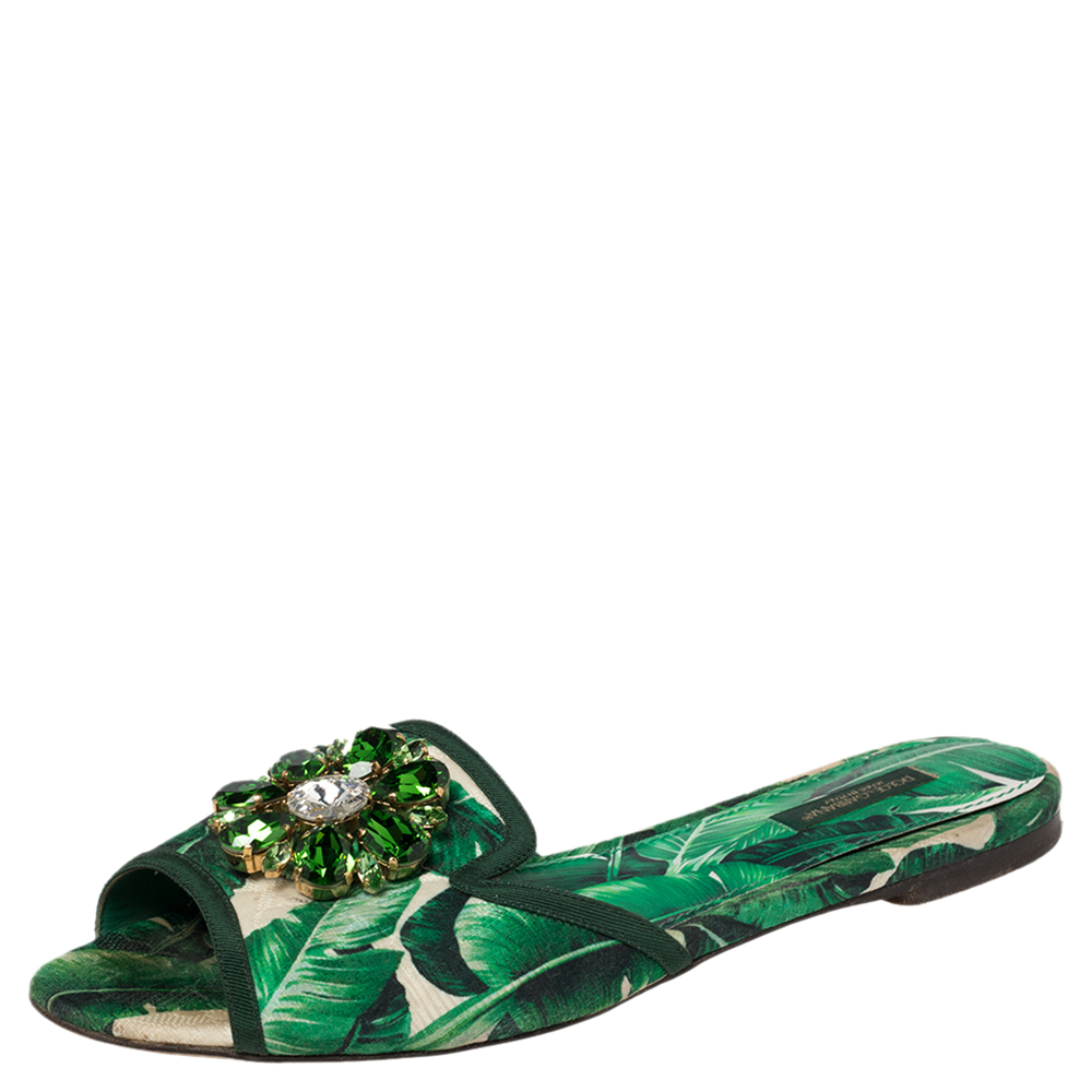 Dolce & Gabbana Green/White Banana Leaf-Print Fabric Crystal Embellished Flat Sandals Size 38.5