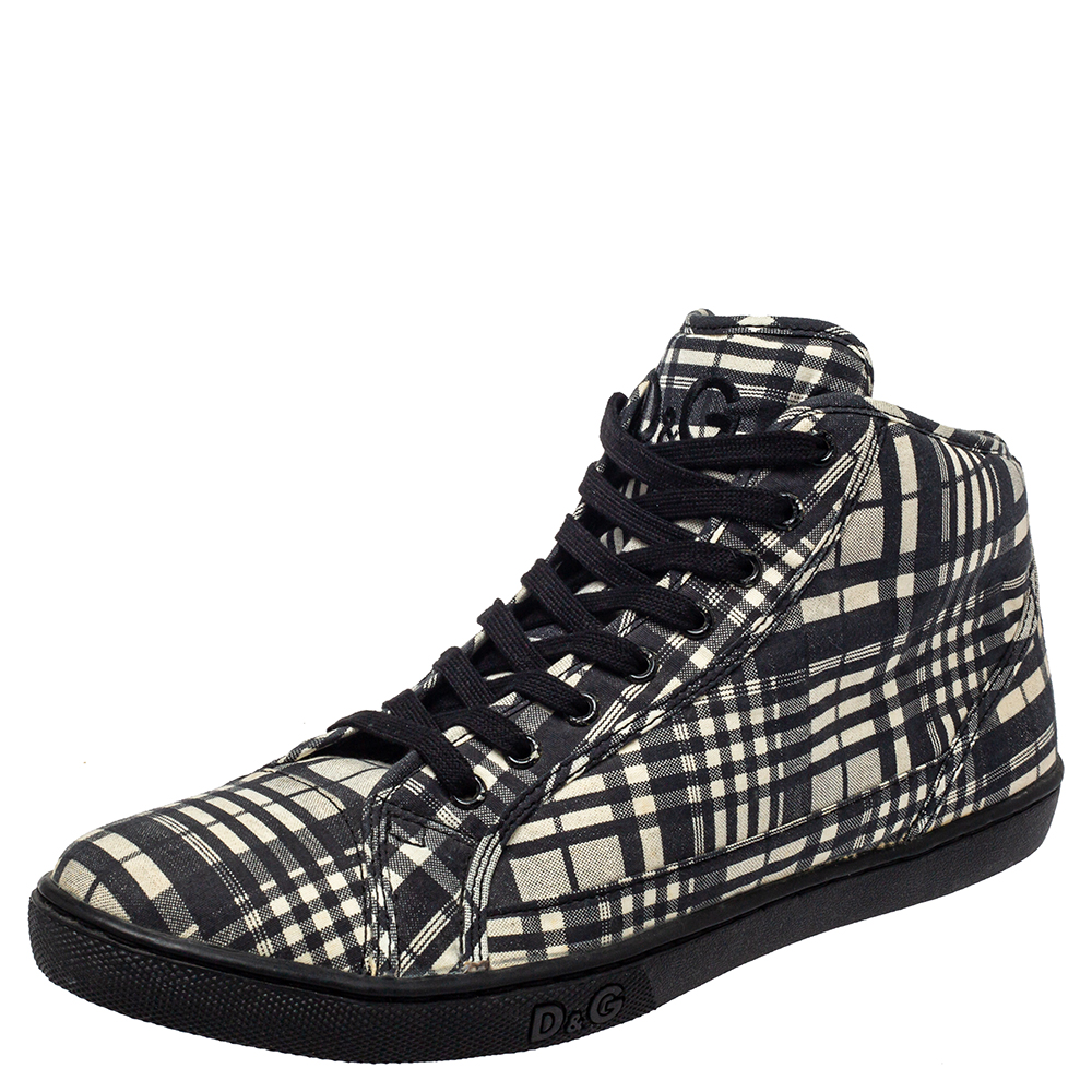 Dolce & Gabbana White/ Black Check Fabric High Top Sneakers Size 41