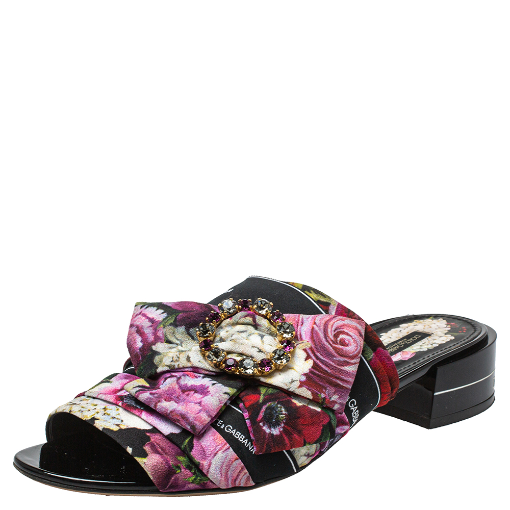 Dolce & Gabbana Multicolor Floral Printed Fabric Crystal Embellished Bow Open Toe Flat Mules Size 41