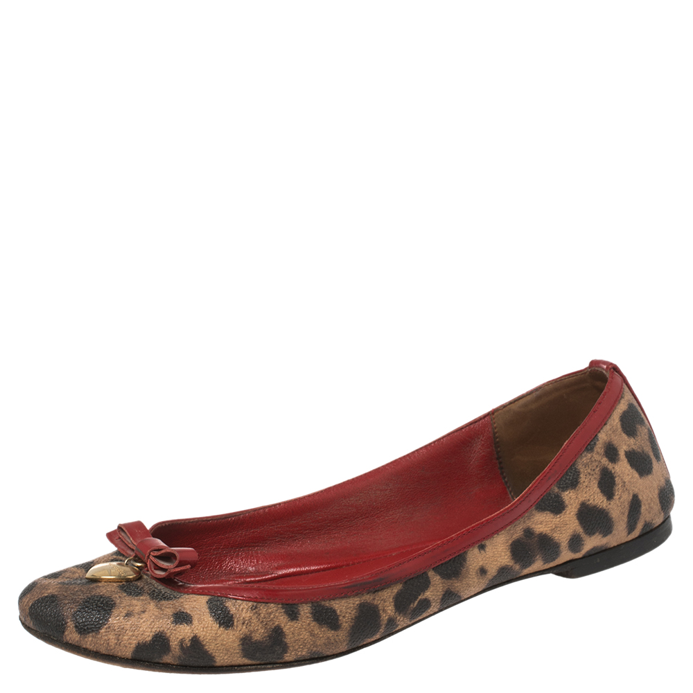 Dolce & Gabbana Brown Leopard Print Coated Canvas and Patent Leather Bow Detail Ballet Flats Size 39