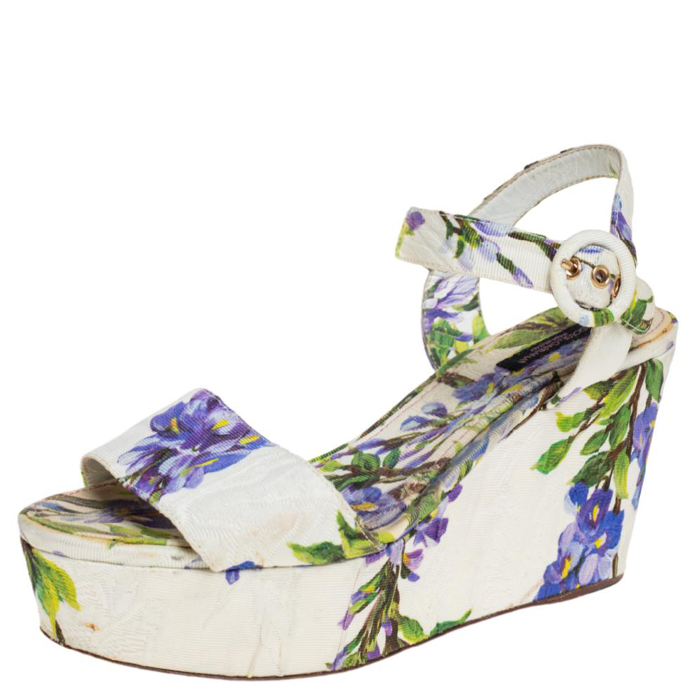 Dolce & Gabbana White Floral Print Canvas Ankle Strap Wedge Sandals Size 39