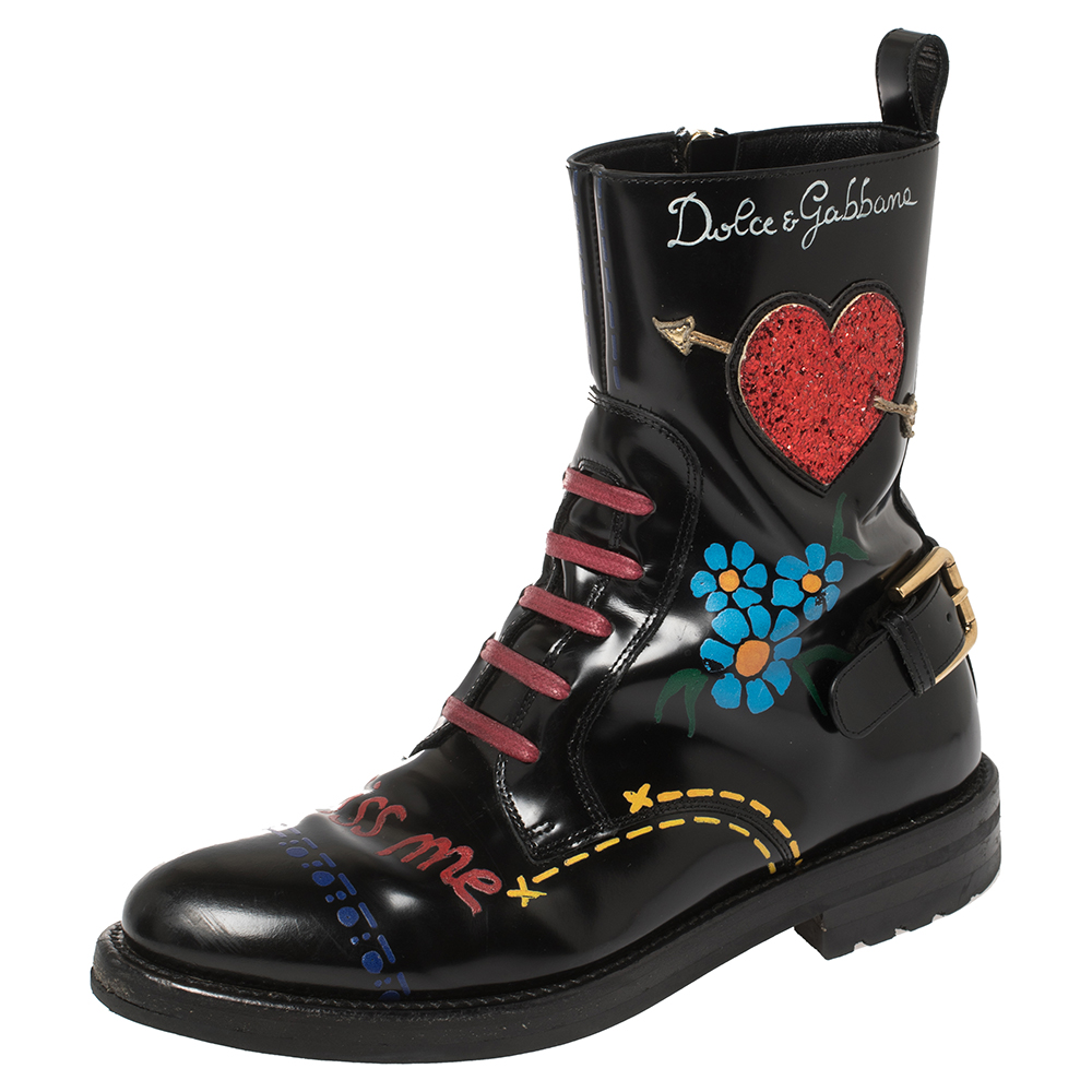 Dolce & Gabbana Black/Red Leather And Glitter Heart Kiss Me Ankle Boots Size 36